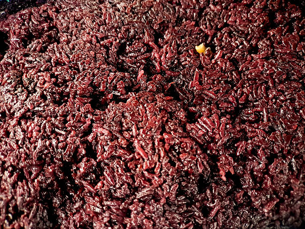Rich texture showing a heap of dark red cooked grains that have a moist and glistening appearance.