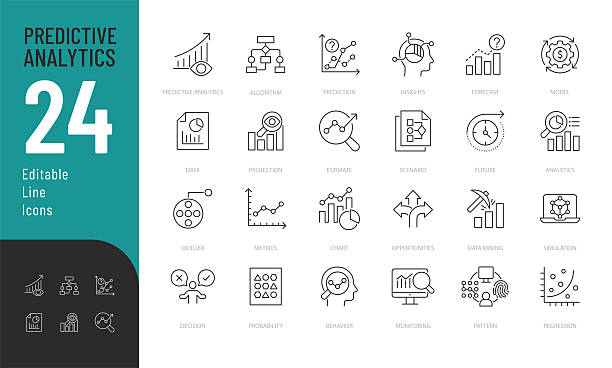 predictive analytics line editable icons eingestellt. - entscheidung stock-grafiken, -clipart, -cartoons und -symbole