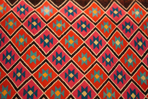 A vibrant traditional ethnic pattern featuring colorful geometric shapes and intricate designs.
