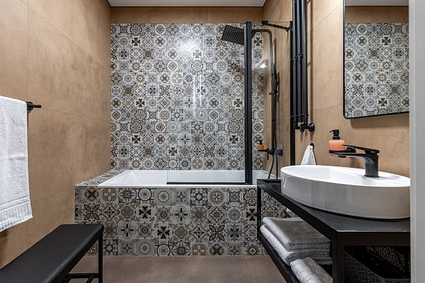 istock Contemporary Bathroom Interior with Patterned Tiles and Modern Fixtures 2245080670