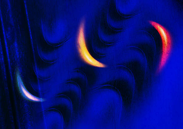 Abstract smooth flowing shapes blue background featuring red yellow small light