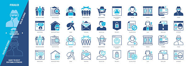 Fraud solid outline set Fraud icon set. Manipulation, Data Leak, Black Market, Deception, Victim, Mortgage Fraud, Investigation, Falsification. Duotone color solid and editable outline icons criminal justice symbol stock illustrations