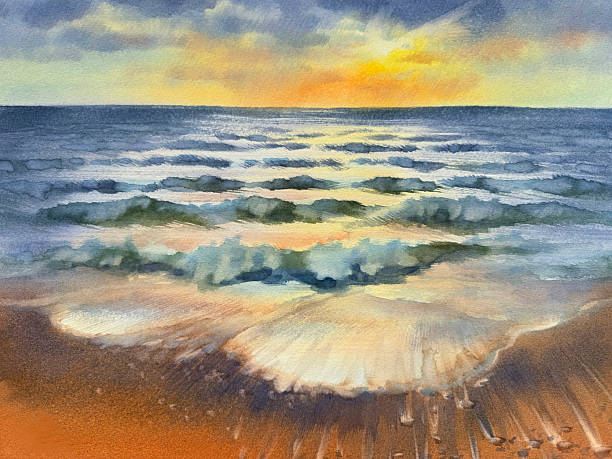istock Autumn sunset by the sea watercolor background 2245090061