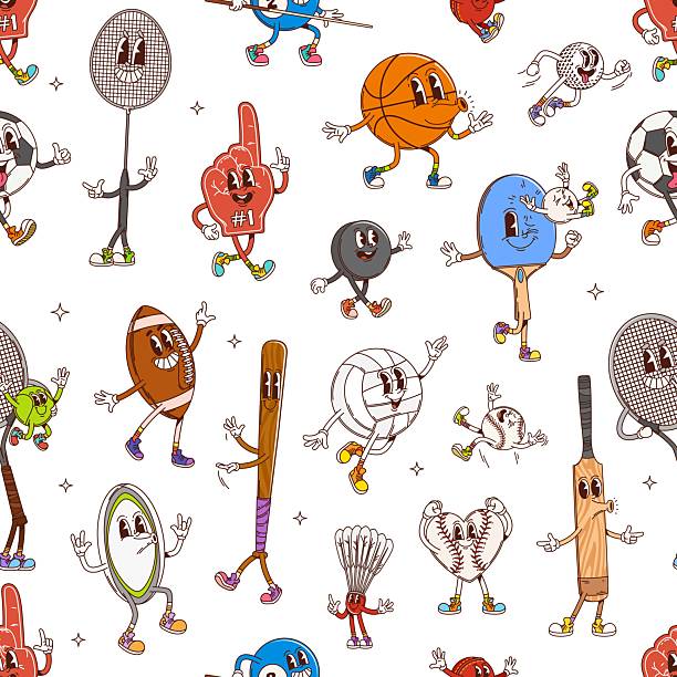 Groovy sport characters seamless pattern. Sport games vector seamless print or pattern with badminton and tennis racket, football, volleyball and basketball ball, baseballs bat groovy characters