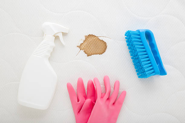 istock Brush, spray bottle and rubber gloves on white soft mattress cloth background. Cleaning products for fresh spilled black coffee stain removing. Closeup. Top down view. 2245103621