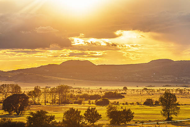 The image captures a vast, warm, panoramic landscape dominated by the intense golden and orange light of a sunset, illuminating the wide valley floor of the Balaton Uplands in Hungary, with flat agricultural fields, scattered trees, and a line of dark volcanic hills rising sharply in the background beneath an expressive, cloudy sky. This dramatic and atmospheric scene is ideal for conveying concepts of Hungarian travel, regional agriculture, nature's grandeur, and solitude, making it suitable for tourism brochures, environmental reports, or cinematic backgrounds.