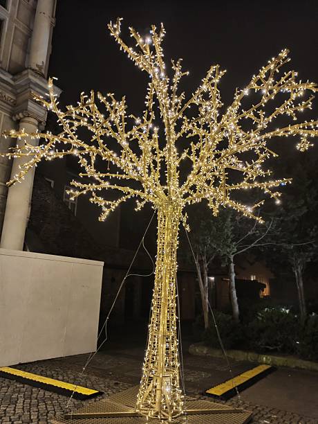 istock Metallic tree sculpture covered in warm white fairy lights displayed outdoors at night. Concept of festive urban decoration and magical winter ambiance 2245109732
