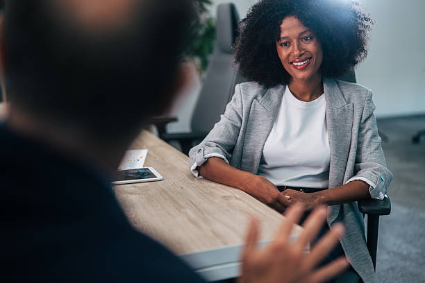 istock Businesswoman talking during professional interview or meeting 2245110754