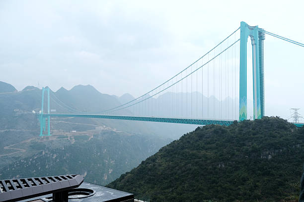 Viewpoint of Huajiang Canyon Bridge, a suspension bridge in Guizhou, China. The bridge crosses the Beipan River and as is the world's highest bridge, measuring 625 metres from the bridge deck to the bottom of the gorge.