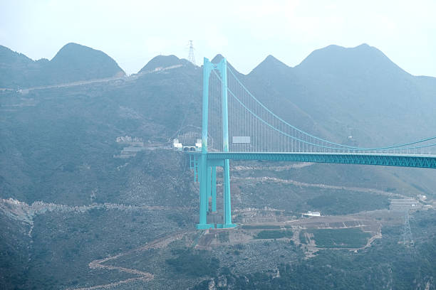 Viewpoint of Huajiang Canyon Bridge, a suspension bridge in Guizhou, China. The bridge crosses the Beipan River and as is the world's highest bridge, measuring 625 metres from the bridge deck to the bottom of the gorge.