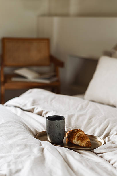 istock Cozy hotel bedroom with breakfast served in a calm and relaxing setting 2245111868
