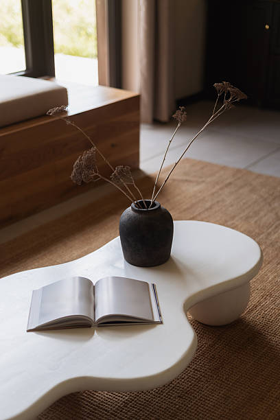 A simple living room showcasing with white coffee table in scandinavian style