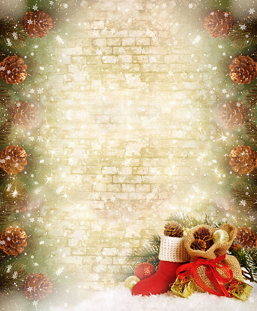 istock Christmas vertical background with brick wall template, red Santa boot and gift bag, fir tree and cones. New Year winter holiday concept, snowy fairy tale card. 2245112086