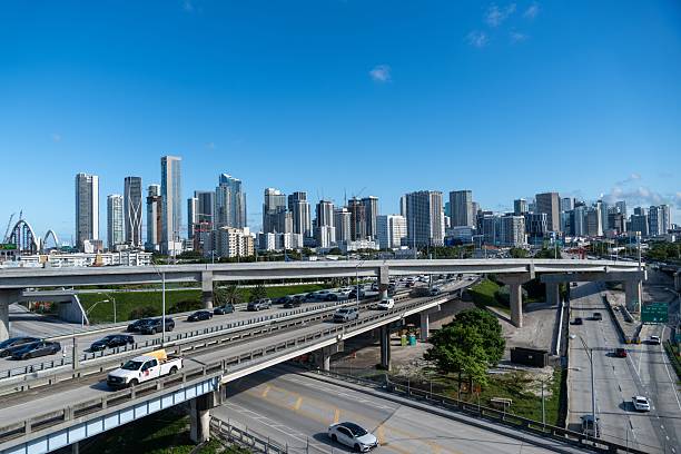 Miami, Florida, USA - August 29, 2019: Rush hour on the highways west of Miami, near the international airport.