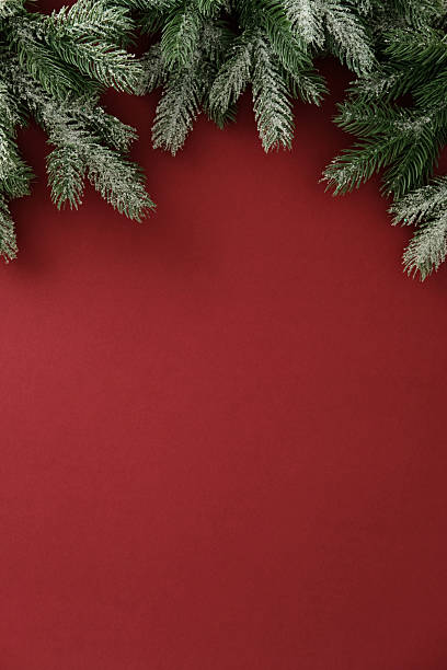 istock Snowy pine branches on deep red background, creating minimal festive border for Christmas greeting, seasonal card, or winter design. 2245118243