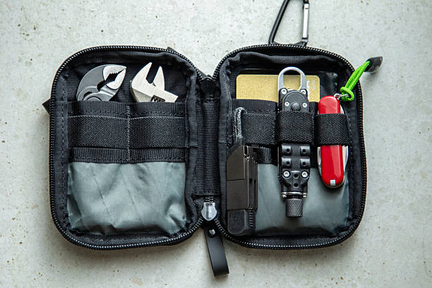 istock Open EDC pouch with multitool, pliers, knife, lighter and compact tools organized in mesh and elastic compartments. 2245120908
