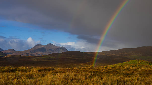 A rainbow in Assynt with the mountain Cul Mor in the distance.