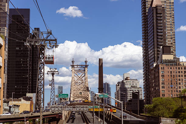 A clear day in the city showcasing the Queensboro Bridge and Roosevelt Island Tram amidst tall buildings and blue sky.