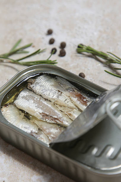 istock Overhead view of open sardine tin, great source of daily protein intake 2245121832