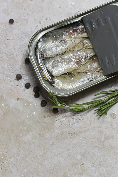 istock Overhead view of open sardine tin, great source of daily protein intake 2245122028