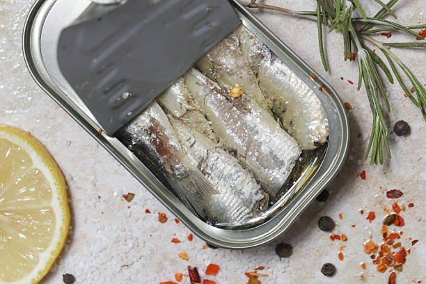 istock Overhead view of open sardine tin, great source of daily protein intake 2245122233