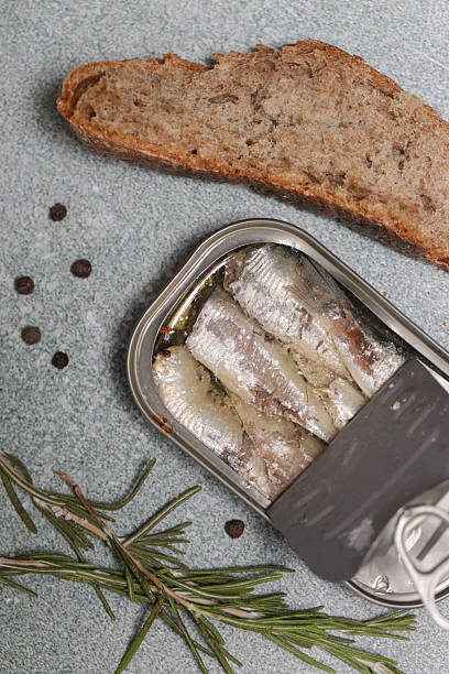 istock Overhead view of open sardine tin, great source of daily protein intake 2245122384