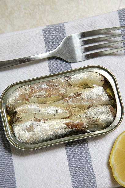 istock Overhead view of open sardine tin, great source of daily protein intake 2245122630