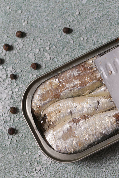 istock Overhead view of open sardine tin, great source of daily protein intake 2245122643