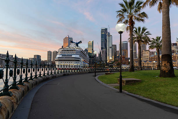 Looking across the waters of Sydney's Circular Quay towards the modern skyscrapers of the city's ultra-modern Central Business District.