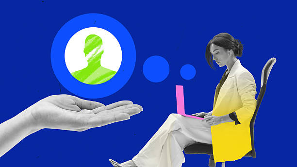 istock Minimalist collage. Businesswoman working on laptop evaluating candidate profile for recruitment decision 2245125699