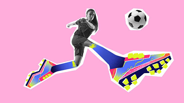 istock Creative digital artwork. Soccer player striking ball in action with vibrant cleats on pink background 2245126314