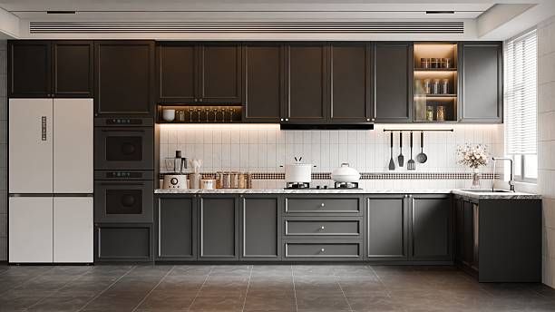 istock Modern Minimalist Kitchen Interior Featuring Dark Cabinetry, Marble Countertops, and Warm Cabinet Lighting in a Contemporary Home Setting - 3d Render 2245130177