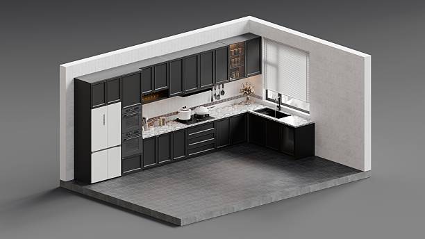 istock Modern Minimalist Kitchen Interior Featuring Dark Cabinetry, Marble Countertops, and Warm Cabinet Lighting in a Contemporary Home Setting - 3d Render 2245130189