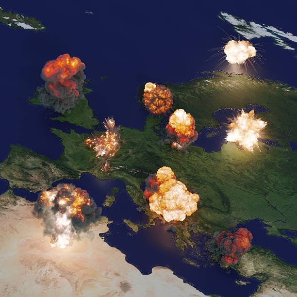 CGI map detail of Europe with multiple blasts and smoke plumes. Oblique view over deep blue seas