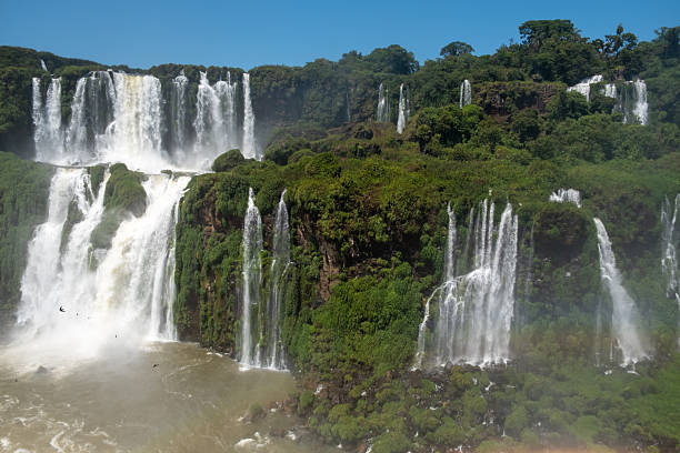 Iguacu Falls in Brazil in the foreground and Argentina seen beyond the river