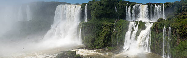 Iguacu Falls in Brazil in the foreground and Argentina seen beyond the river