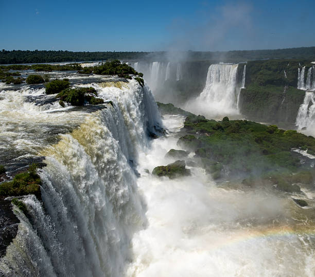 Iguacu Falls in Brazil in the foreground and Argentina seen beyond the river