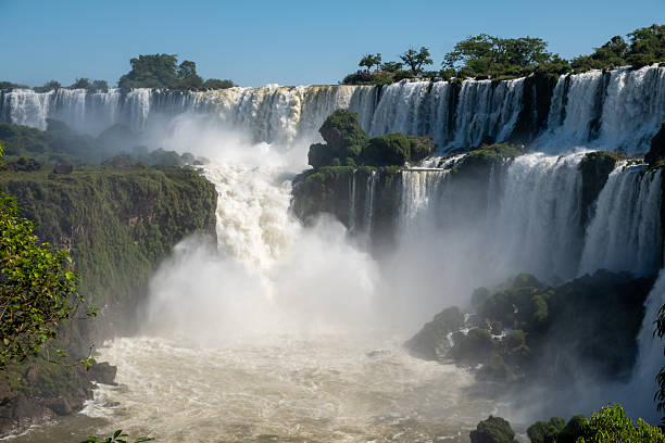 Iguacu Falls in Brazil in the foreground and Argentina seen beyond the river