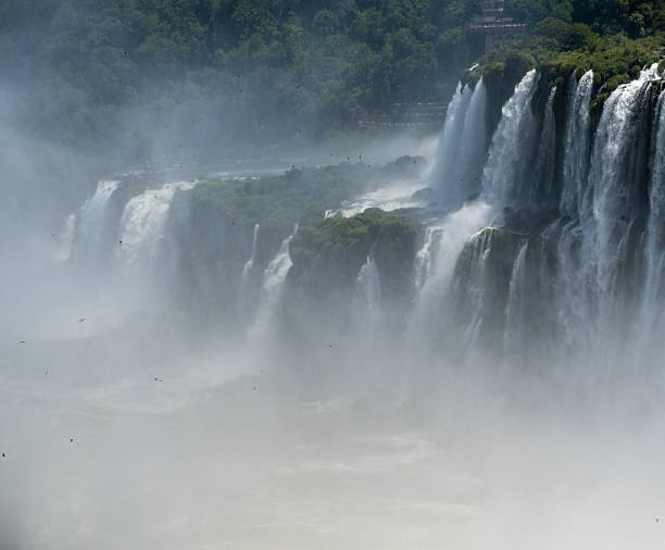 Iguacu Falls in Brazil in the foreground and Argentina seen beyond the river