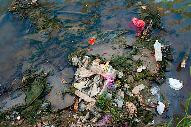 High-angle shot showing severe water pollution and environmental damage. The murky, dark water is clogged with a large mass of plastic bottles, bags, fabric, and general trash, illustrating a serious environmental crisis.