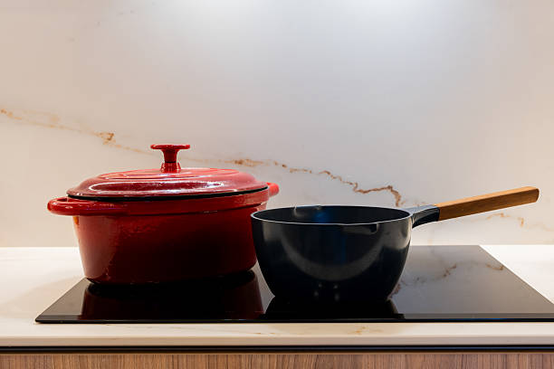 istock Enamel cast iron Dutch oven and saucepan on induction hob 2245145752