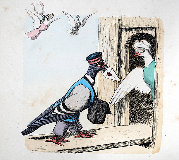 Anthropomorphism, cartoon, messenger pigeon delivering a letter to Mrs Dove, Vintage illustration, 19th Century