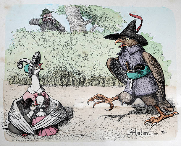 Anthropomorphism, cartoon, Mother Dove protecting her chicks from the bandit Hawk, rescued by the hunter, Vintage illustration, 19th Century
