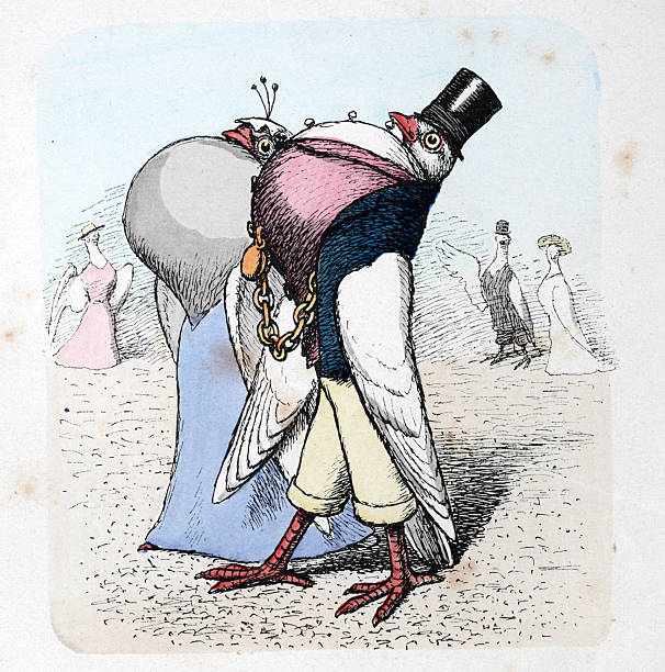 Anthropomorphism, cartoon, Upper class Mr and Mrs Dove with their chests puffed out, Vintage illustration, 19th Century