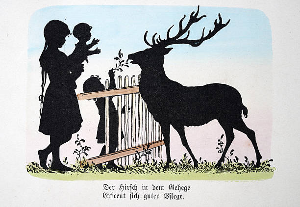 Silhouette cartoon, children feeding a stag over a picket fence, Victorian, 19th Century, Vintage illustration 1890s, German