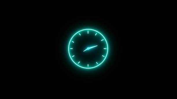 istock Neon 24 hour clock icon. Wall clock icon image. Neon sign clock icon  on black background. 2245154848