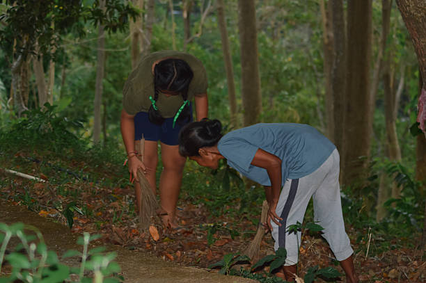 istock Mother and Daughter Sweeping Fallen Leaves Beside the Mango Tree 2245156217