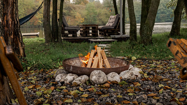 istock Cozy outdoor scene with a fire pit, seating, and a hammock near a lake 2245157464