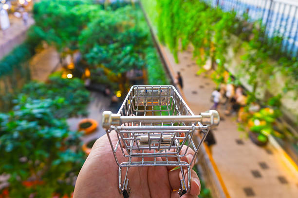 istock Hand holding a small empty shopping cart with blurred green eco-friendly mall background, symbolizing sustainable consumerism and modern retail innovation in urban lifestyle. 2245166051