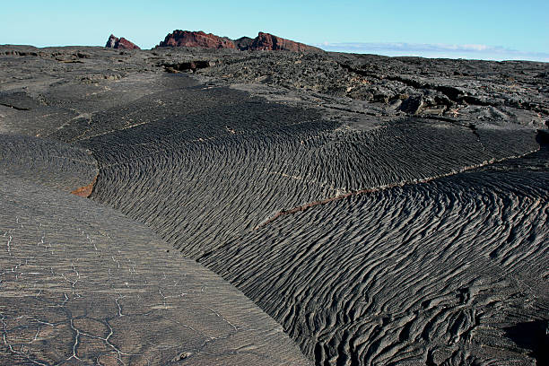 A wide-angle landscape and close-up view of the unique, ropy texture of an ancient Pahoehoe lava flow on a Galapagos island. The dark, hardened basalt creates a rugged, abstract pattern across the desolate terrain, with distant volcanic features under a clear blue sky. This powerful geological image is perfect for themes of science, earth history, geology, texture, abstract patterns, extreme environments, travel to volcanic islands, and the unique, raw landscape of the Galapagos.